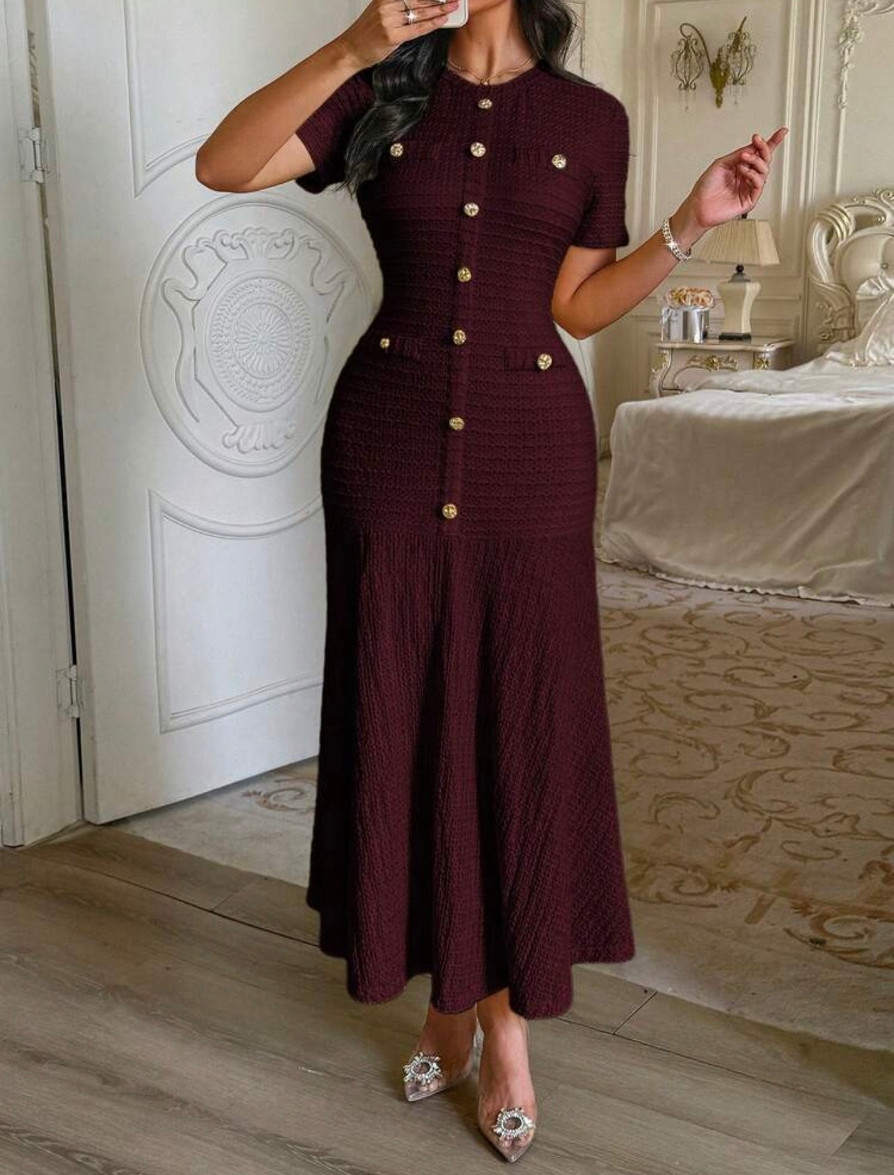 Ladies' Fall Round Neck Short Sleeved Fake Pocket Decoration Button Texture Fabric Teacher Outfits For Women Dresses