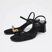 Zara block heels with gold-tone metal hardware details on the toe straps
