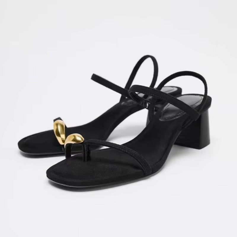 Zara block heels with gold-tone metal hardware details on the toe straps