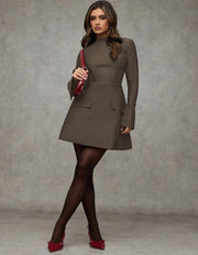 SHEIN BAE Women Solid Color Stand Collar Long Sleeve Elegant Simple Casual Dress For Autumn Office Wear