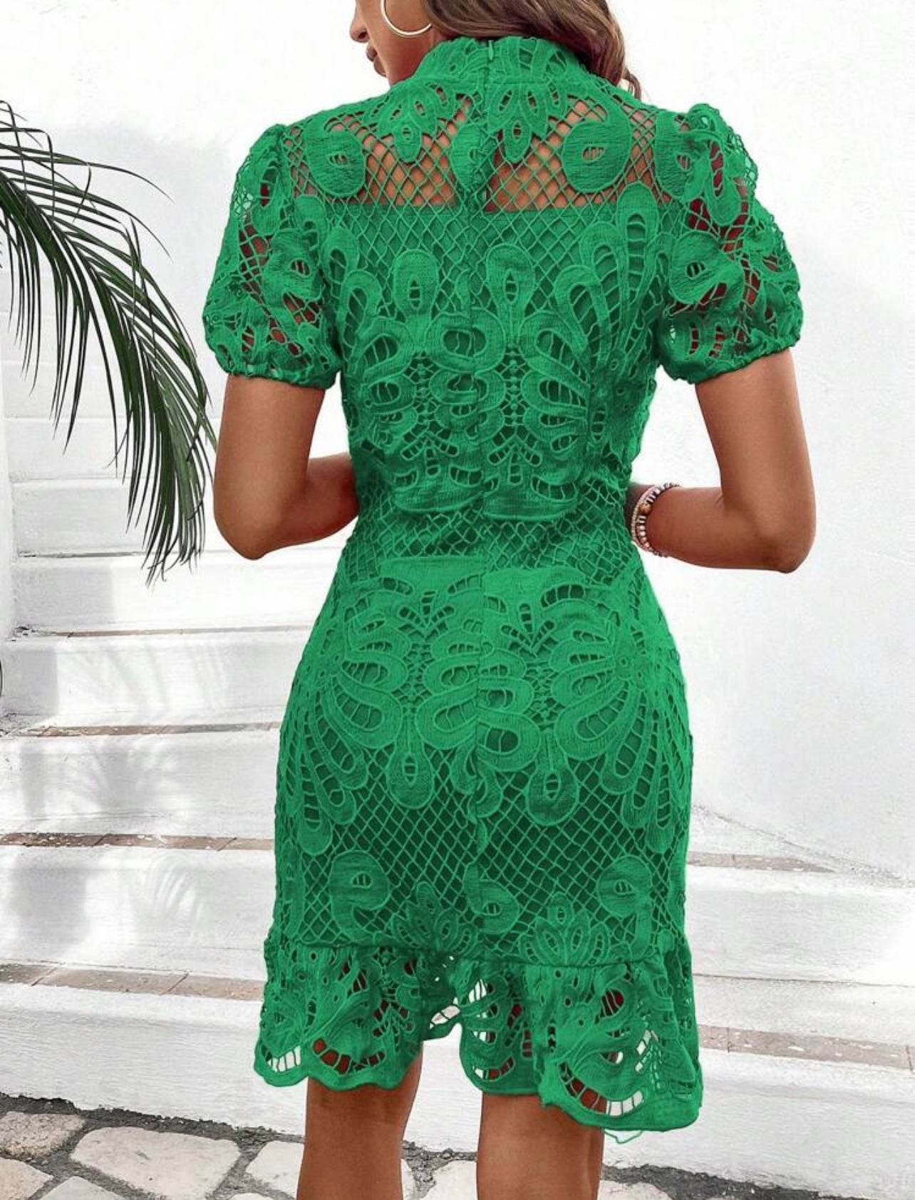 Shein Breezaya Stand Collar Lace Short Puff Sleeve Dress