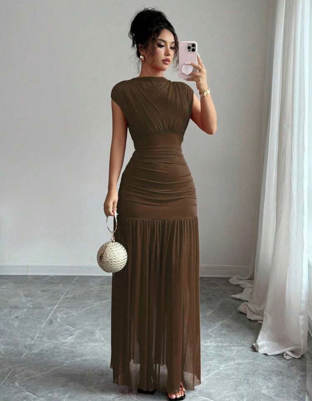 Shein Elenzga Fashionable New Solid Mock-neck Sleeveless Sexy Hollow Out Mesh Pleated A line Maxi Dress