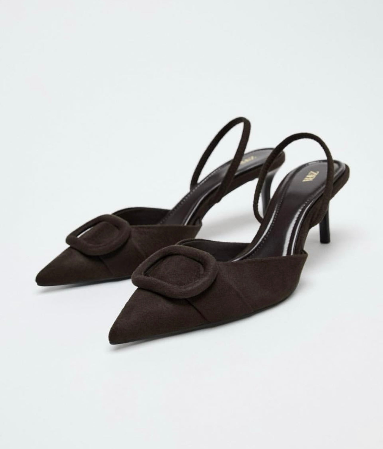 Zara brown Slingback heels with a pointed toe and a large buckle detail
