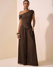 Shein Apricot Asymmetric Shoulder Ruched Curved Hem Cropped Top And Wide Leg Pants Pocketed 2 Pieces Textured Fabric Set