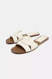 FLAT CRISS-CROSS LEATHER SLIDER SANDALS