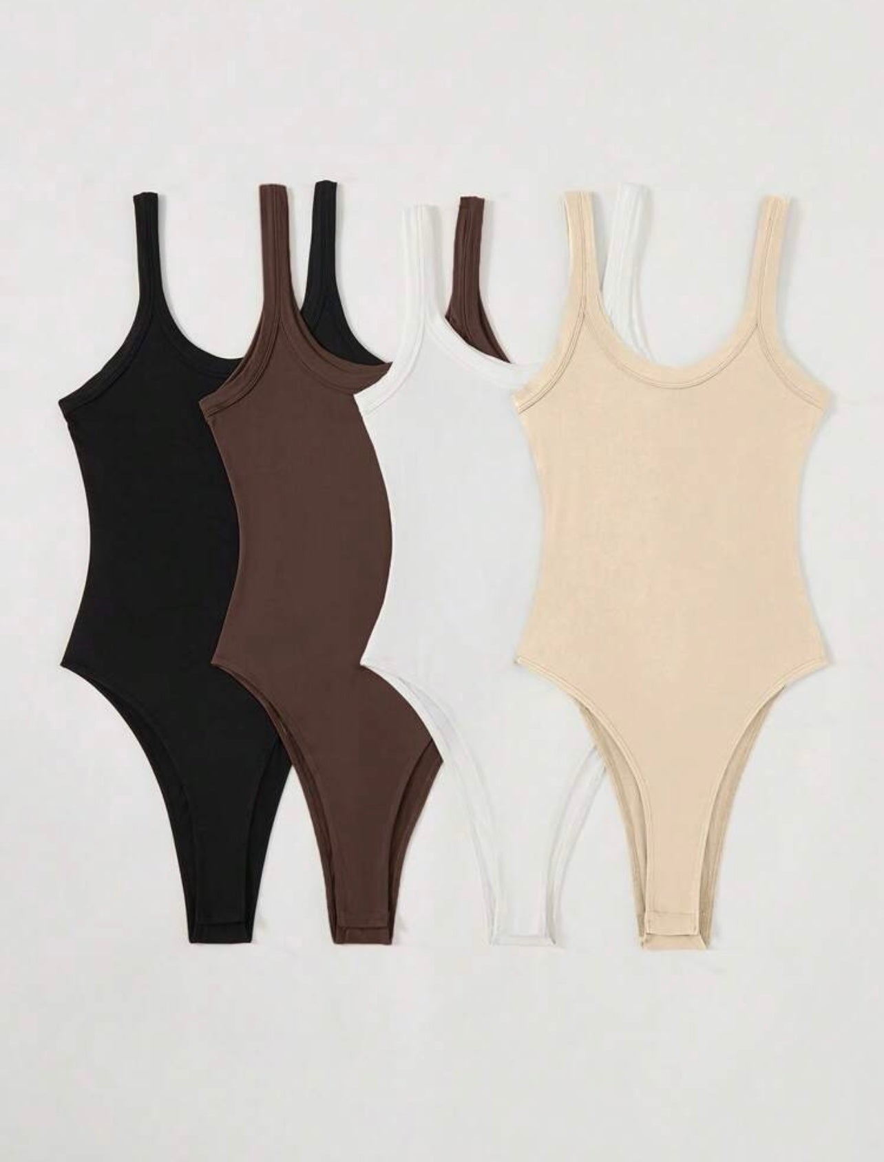 BASICS 4pcs/Set Women Solid Color Knit Bodysuit