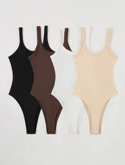 BASICS 4pcs/Set Women Solid Color Knit Bodysuit