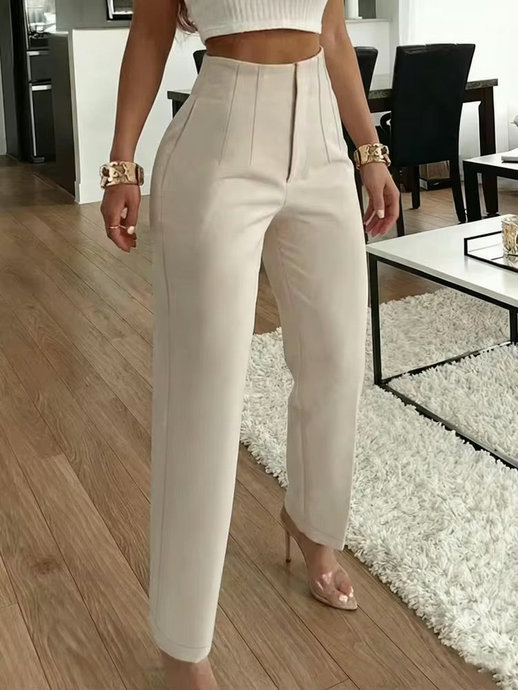 Elegant Office Lady Pleated Side Pocket Slim-Fit Pants For Women Casual Spring