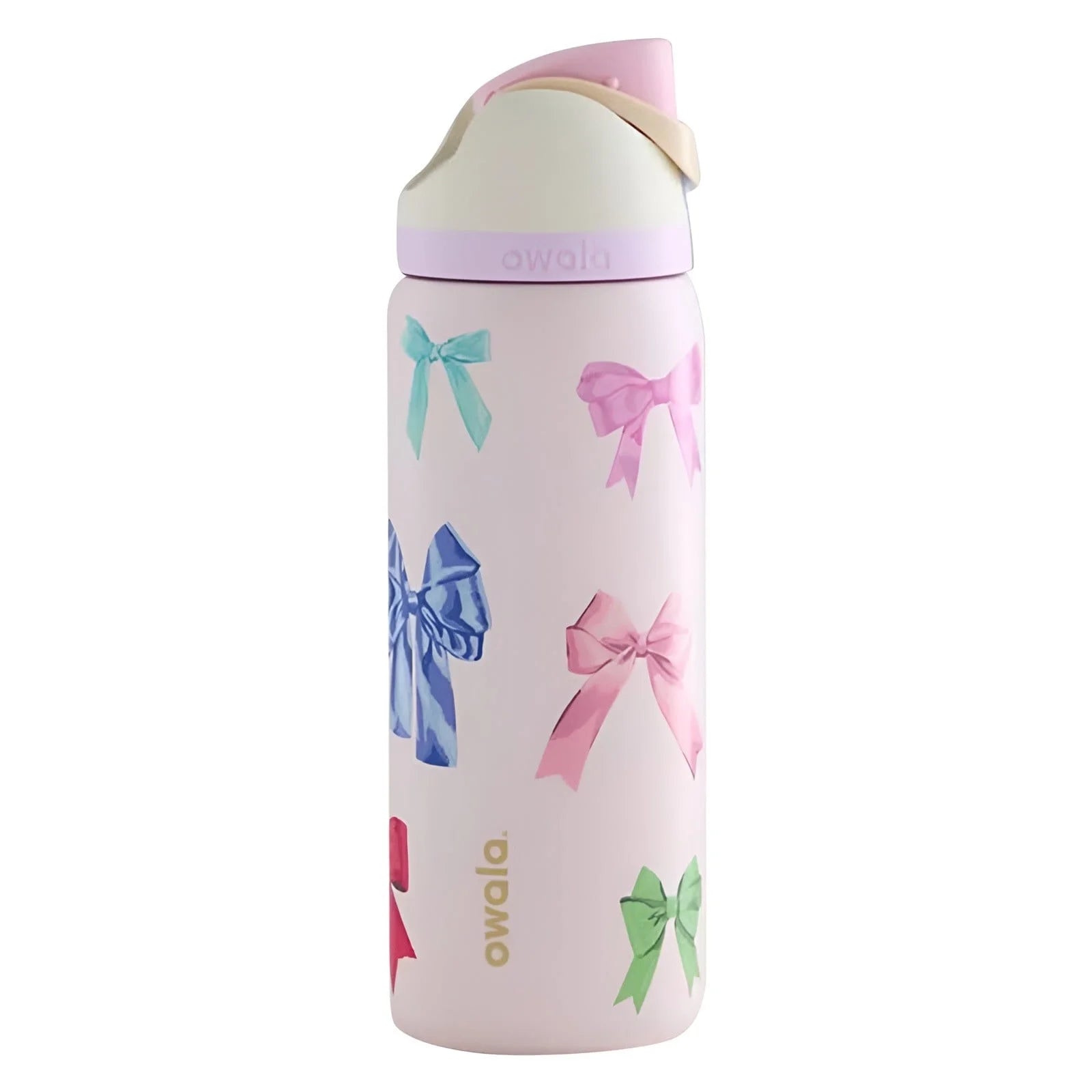 pink Owala FreeSip water bottle featuring a colorful bow motif