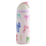 pink Owala FreeSip water bottle featuring a colorful bow motif
