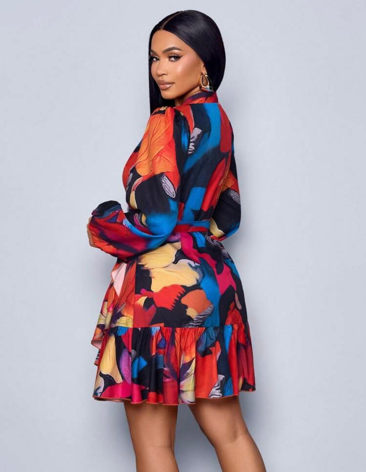 Shein SOLERSUN Women's Elegant Floral Print Lantern Sleeve Knot Side Ruffle Trim Wrap Dress