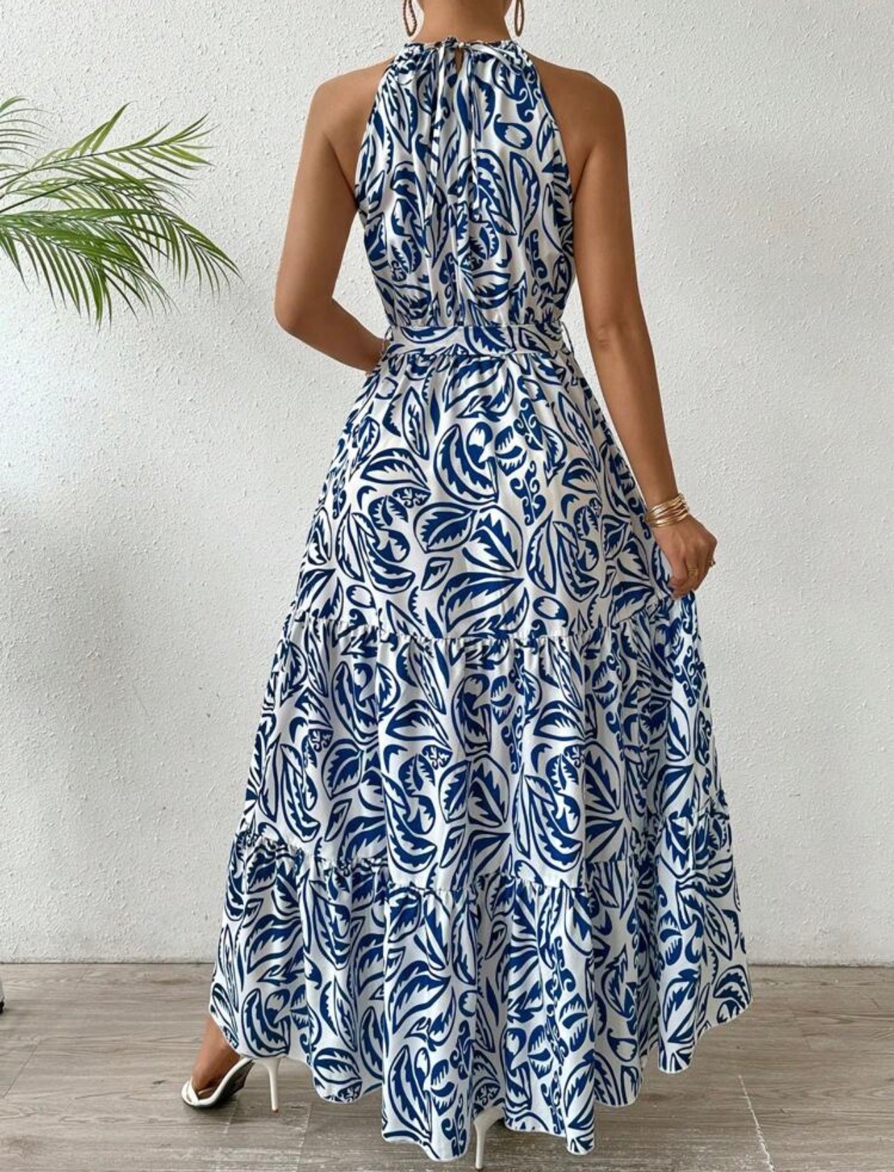 Shein Breezaya Plant Printed Halterneck Dress Maxi Vacation Beach Outfits Women