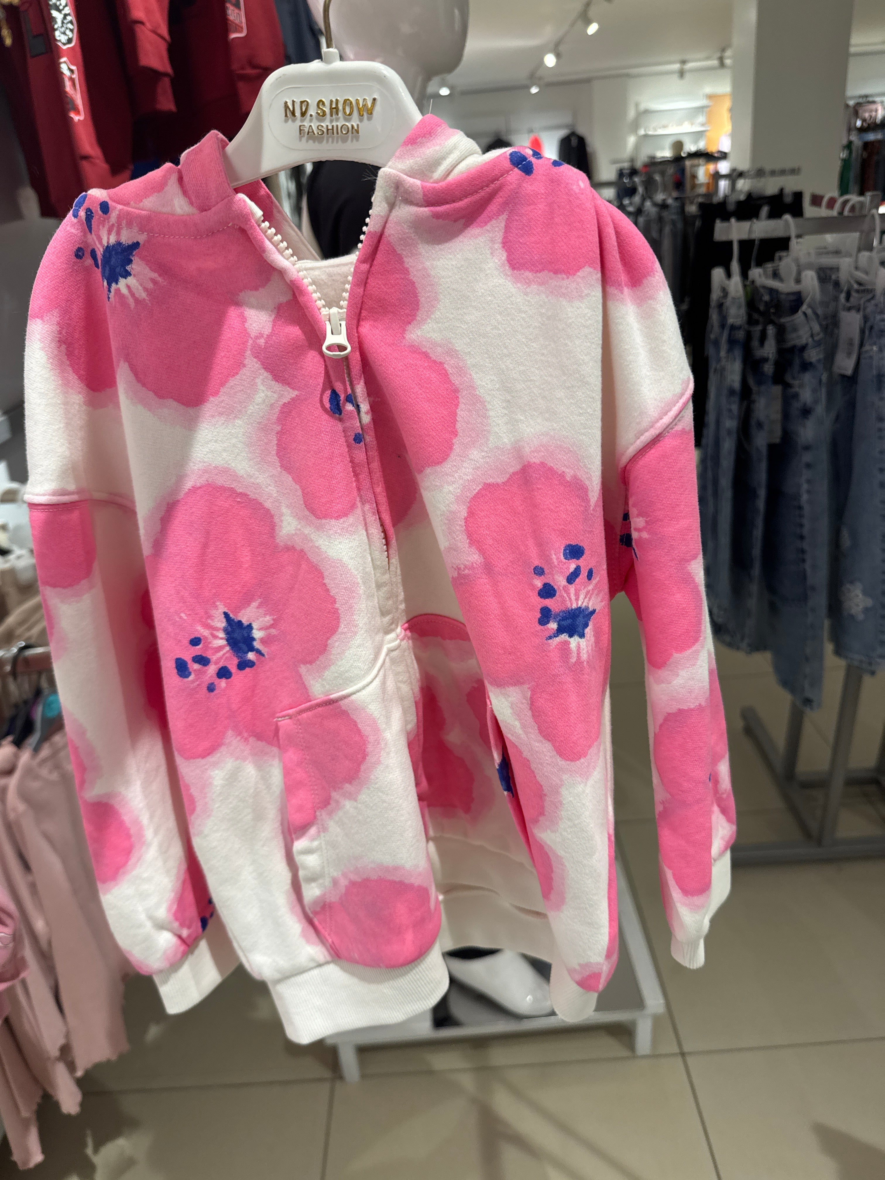 Cotton Rich Hibiscus Dark Blue Pink Zip-Up Hoodie