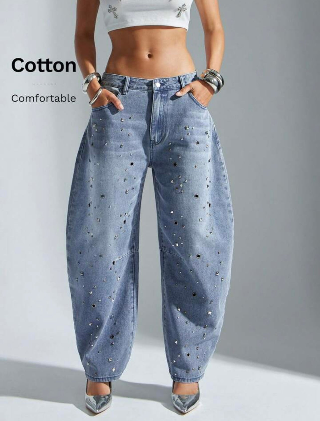 Casual Distressed Denim Jeans With Metal Stud Decor, Curved Blade Leg