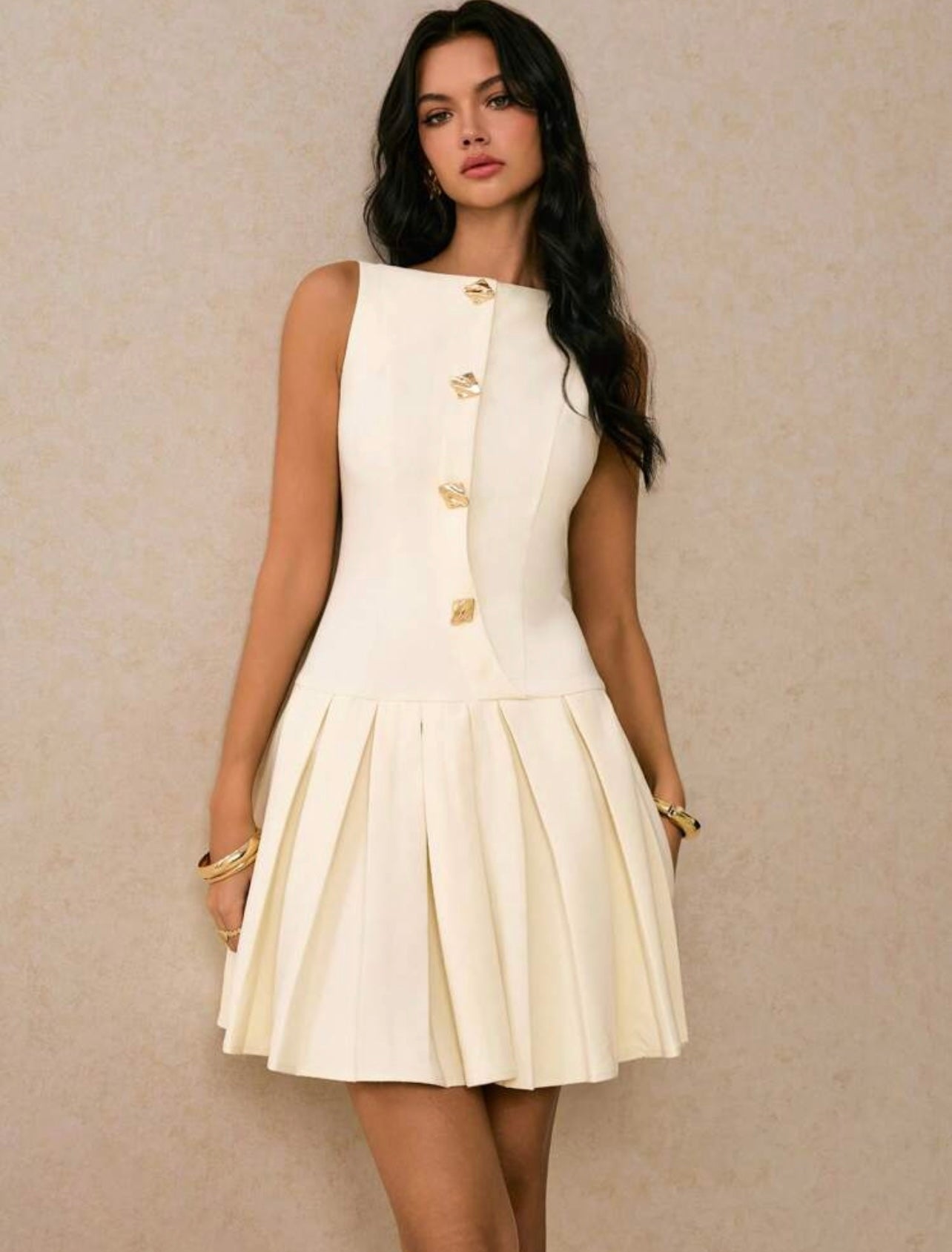 Shein Women's Elegant Solid Color Pleated Hem Backless Mini Dress