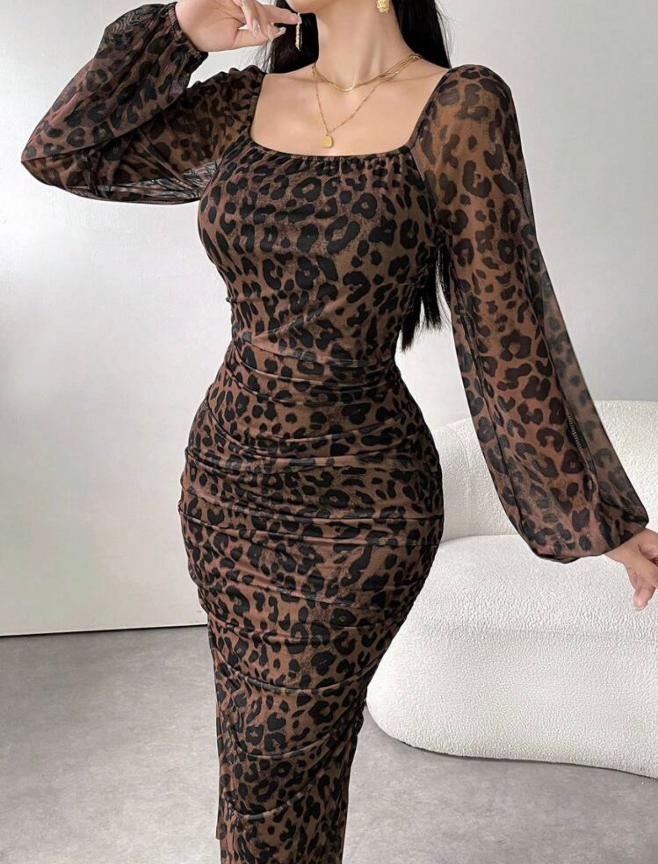 Shein SquareNeck Ruffle Elastic Net Animal Print Dress