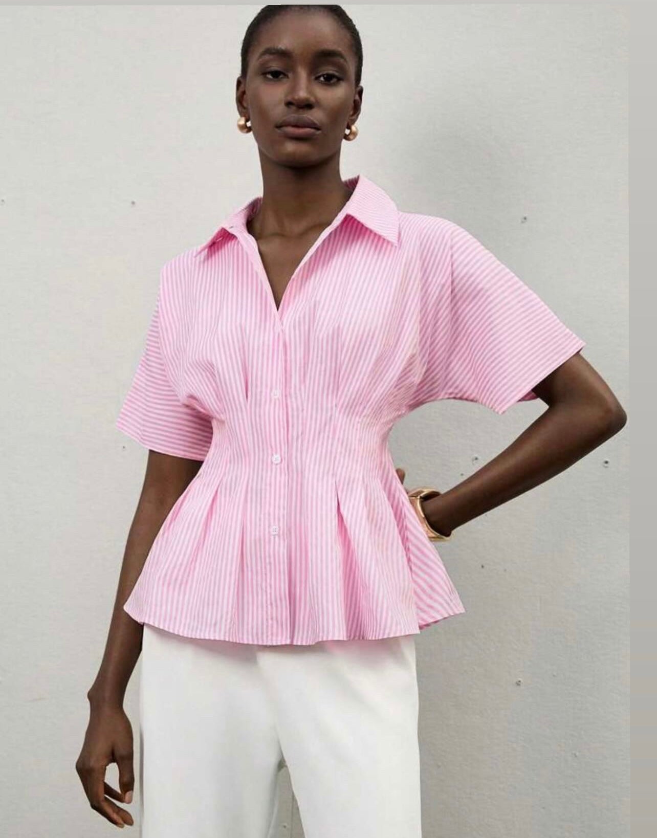 Striped waist ruched blouse