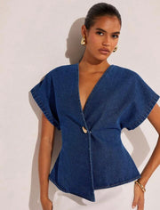 Women's Single-Button Bat Print Short Sleeve Casual Denim Blouse, Old Money