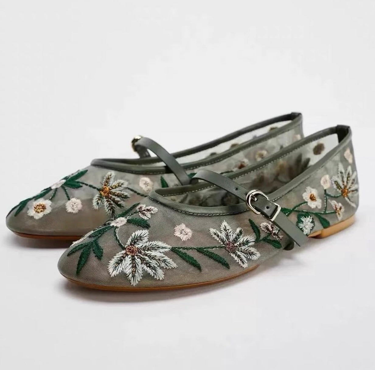 Floral Embroidered Mesh Mary Jane Flats