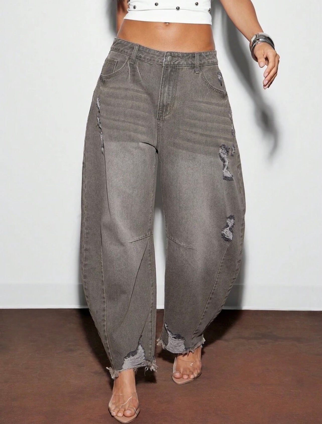 Solid Color Distressed Frayed Edge Pocket Casual Fashion Jeans