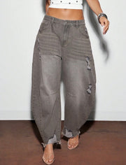 Solid Color Distressed Frayed Edge Pocket Casual Fashion Jeans