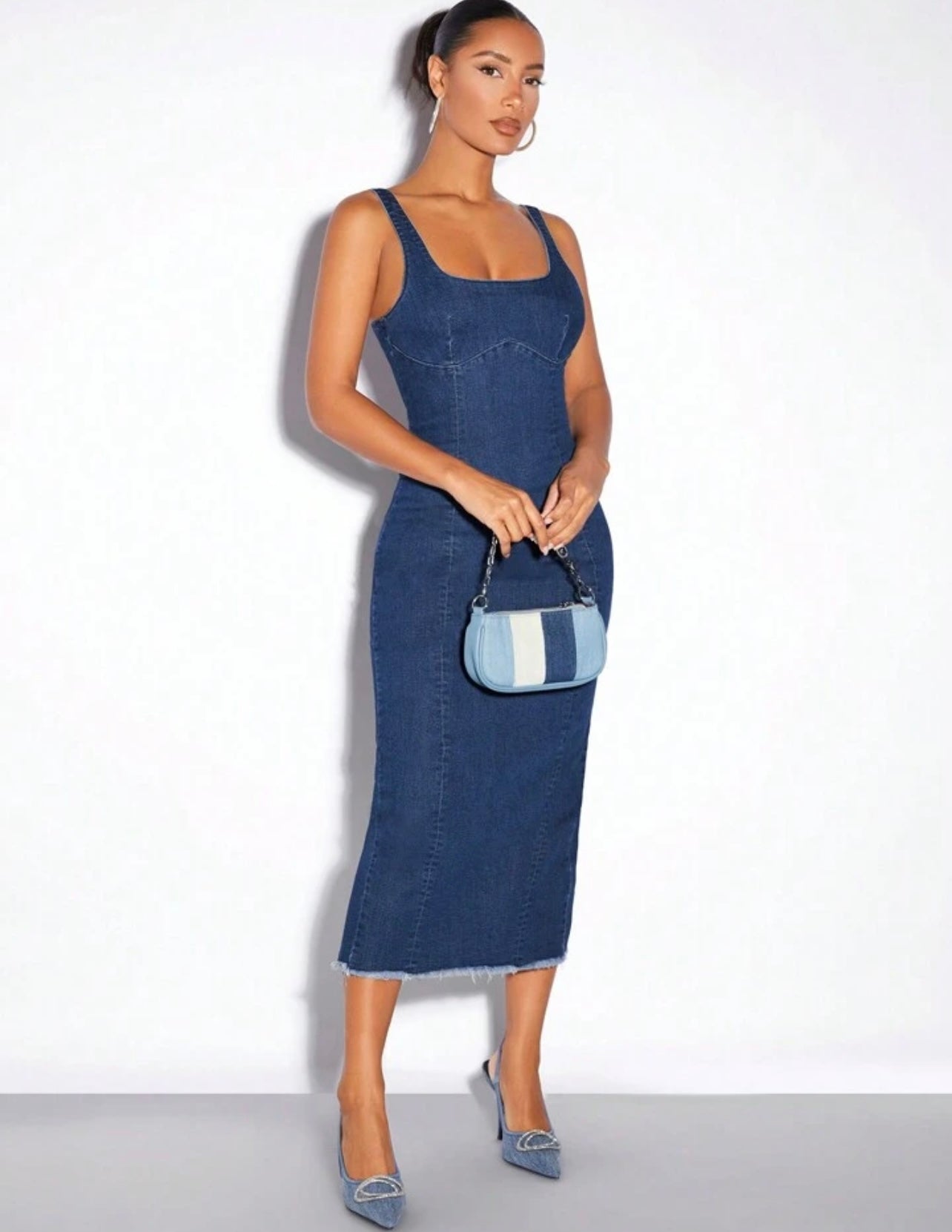 SHEIN BAE Sexy Tight-Fitting Denim Dress With Frayed Hem And Split Design For Women