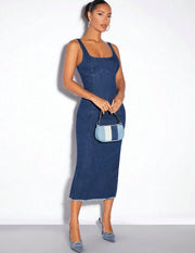 SHEIN BAE Sexy Tight-Fitting Denim Dress With Frayed Hem And Split Design For Women