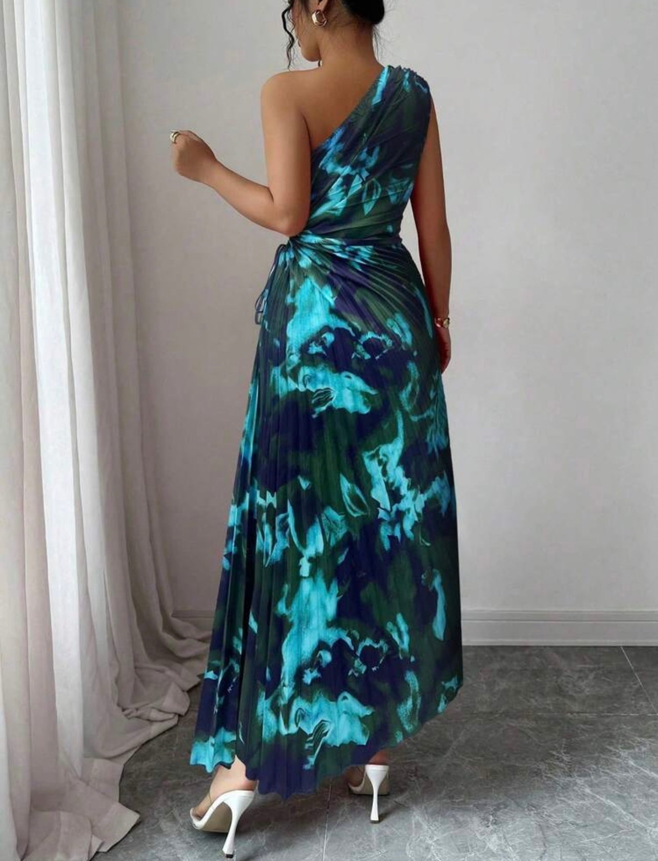 Shein Asymmetric Shoulder Pleated Waist Cut-out Printed Dress