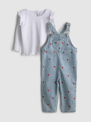 Ruffle Long Sleeve T-Shirt and Heart Embroidered Dungarees Set