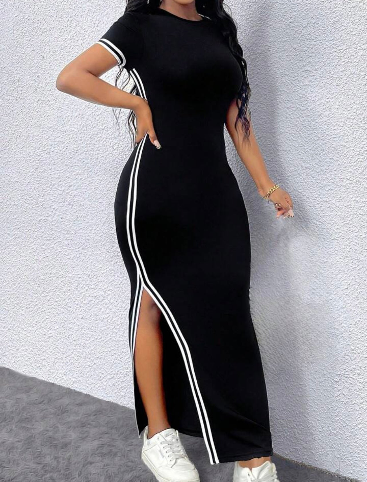 Shein Women's Slim Fit Round-Neck Contrasting Color Trim Split Dress For Spring And Summer Maxi Women Outfit