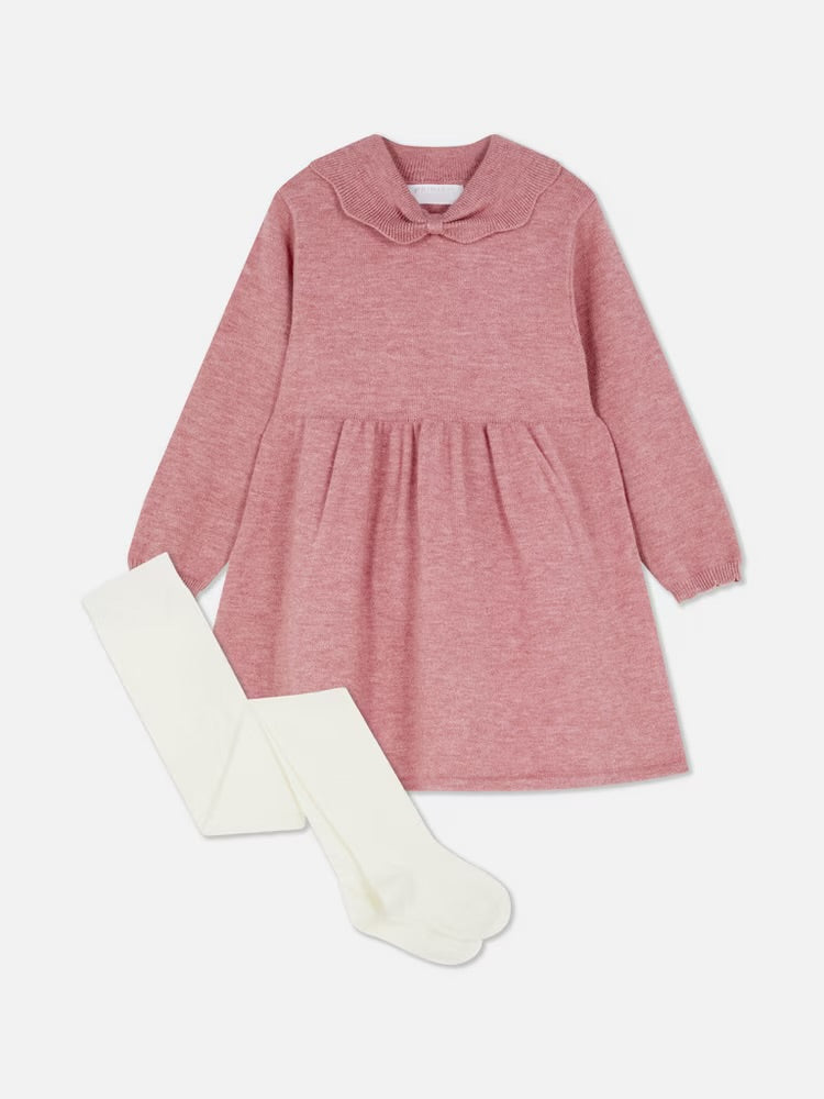 Bow Collared Jumper Dress and Tights Set