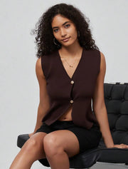 Shein Women Fashion Gold Button Sleeveless V-Neck Knit Vest Casua