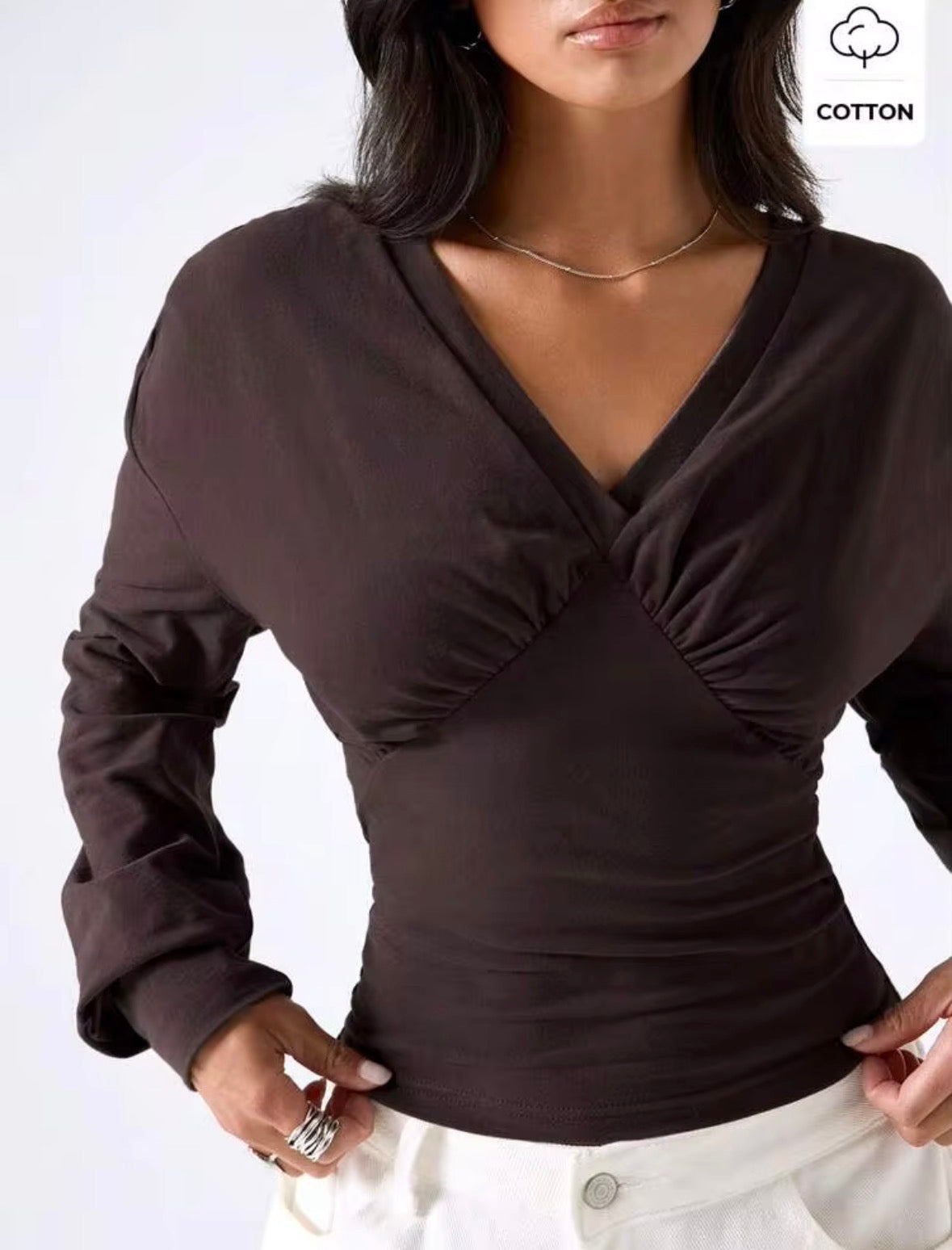 LYSMO Women's Casual Versatile Solid Color Waist-Cinching Top Everyday Dark Brown Autumn Going Out Tops For Women