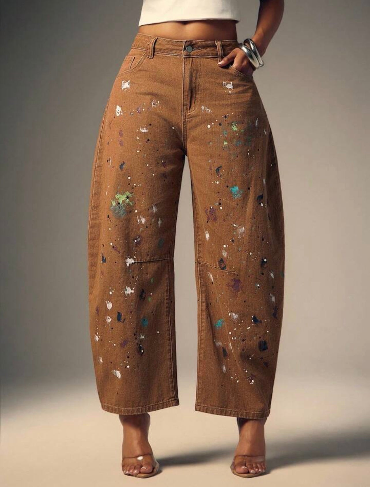 Women Fashion Ink Jet Print Barrel Leg Jeans