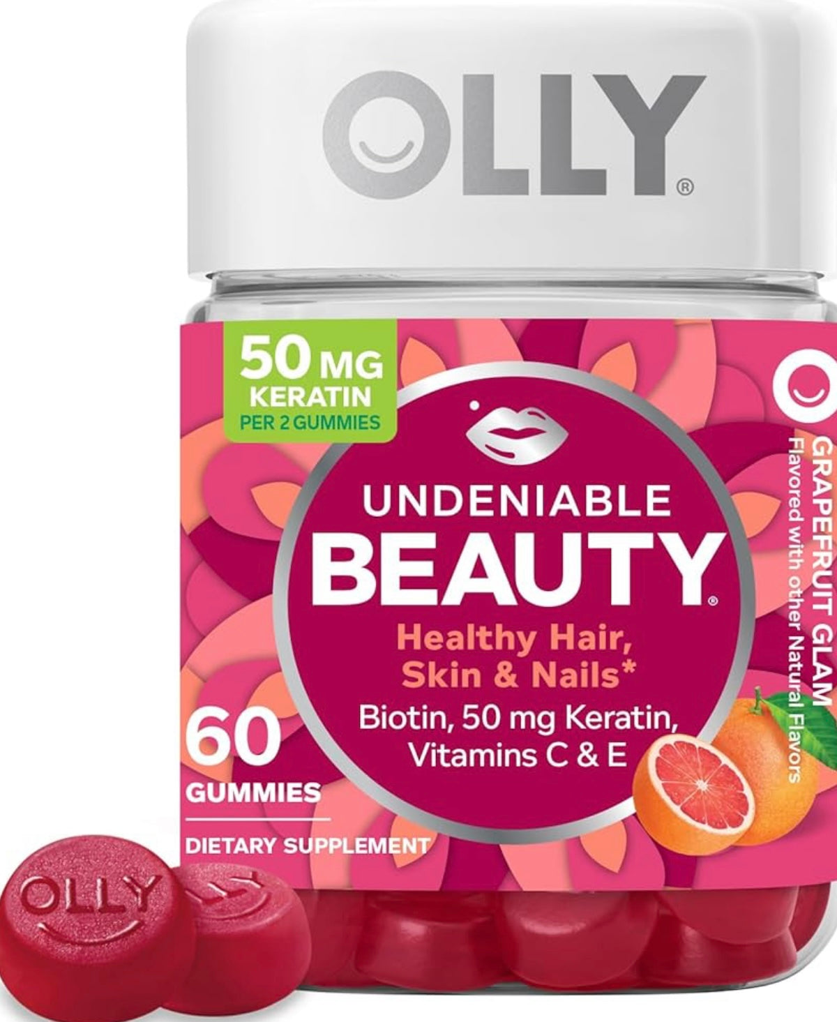 OLLY Undeniable Beauty Gummy, For Hair, Skin, Nails, Biotin, Vitamin C, Keratin, Chewable Supplement, Grapefruit, 30 Day Supply - 60 Count