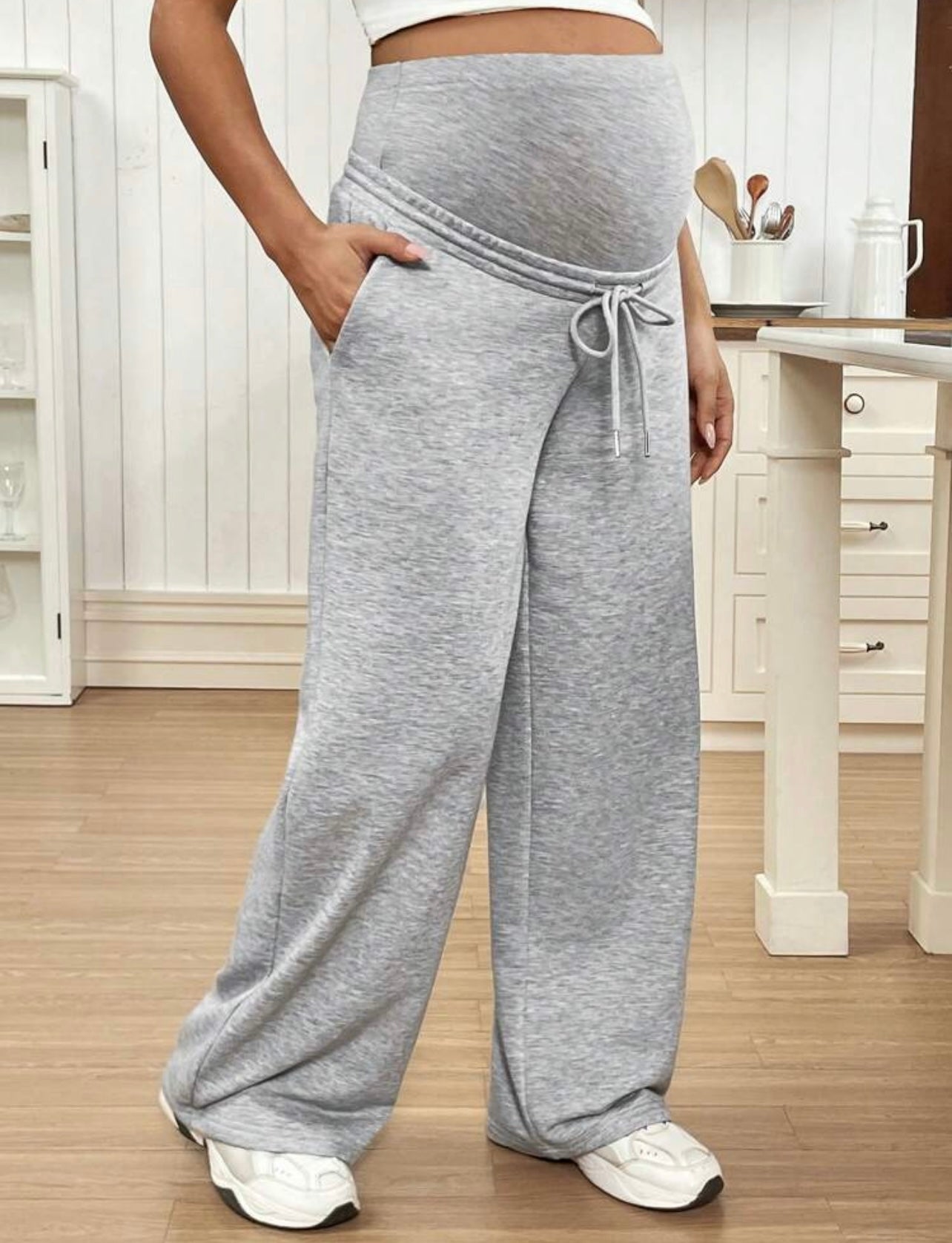 SHEIN Maternity Adjustable Waist Tie-Front Pockets Simple Long Pants