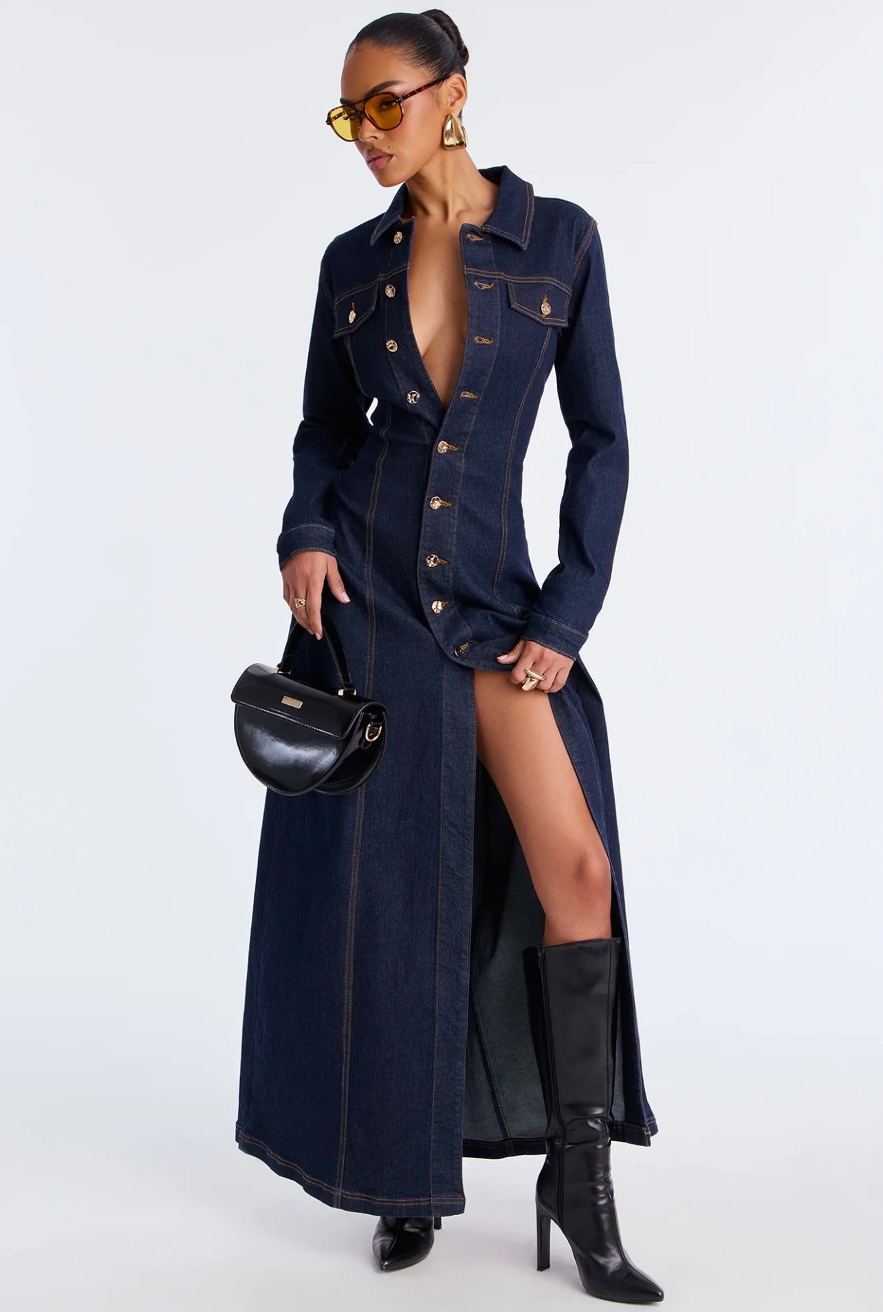 Fashionnova long sleeve Denim stretch maxi dress