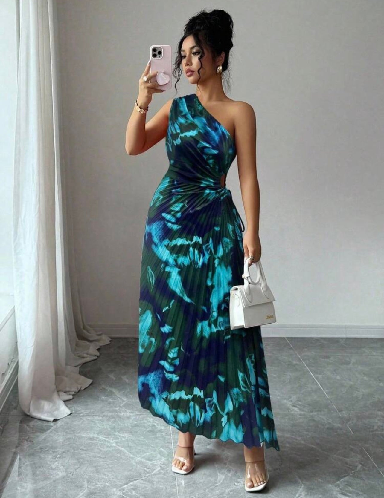 Shein Asymmetric Shoulder Pleated Waist Cut-out Printed Dress