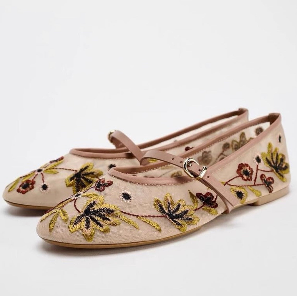 Floral Embroidered Mesh Mary Jane Flats