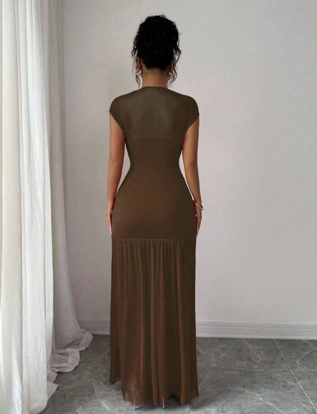 Shein Elenzga Fashionable New Solid Mock-neck Sleeveless Sexy Hollow Out Mesh Pleated A line Maxi Dress