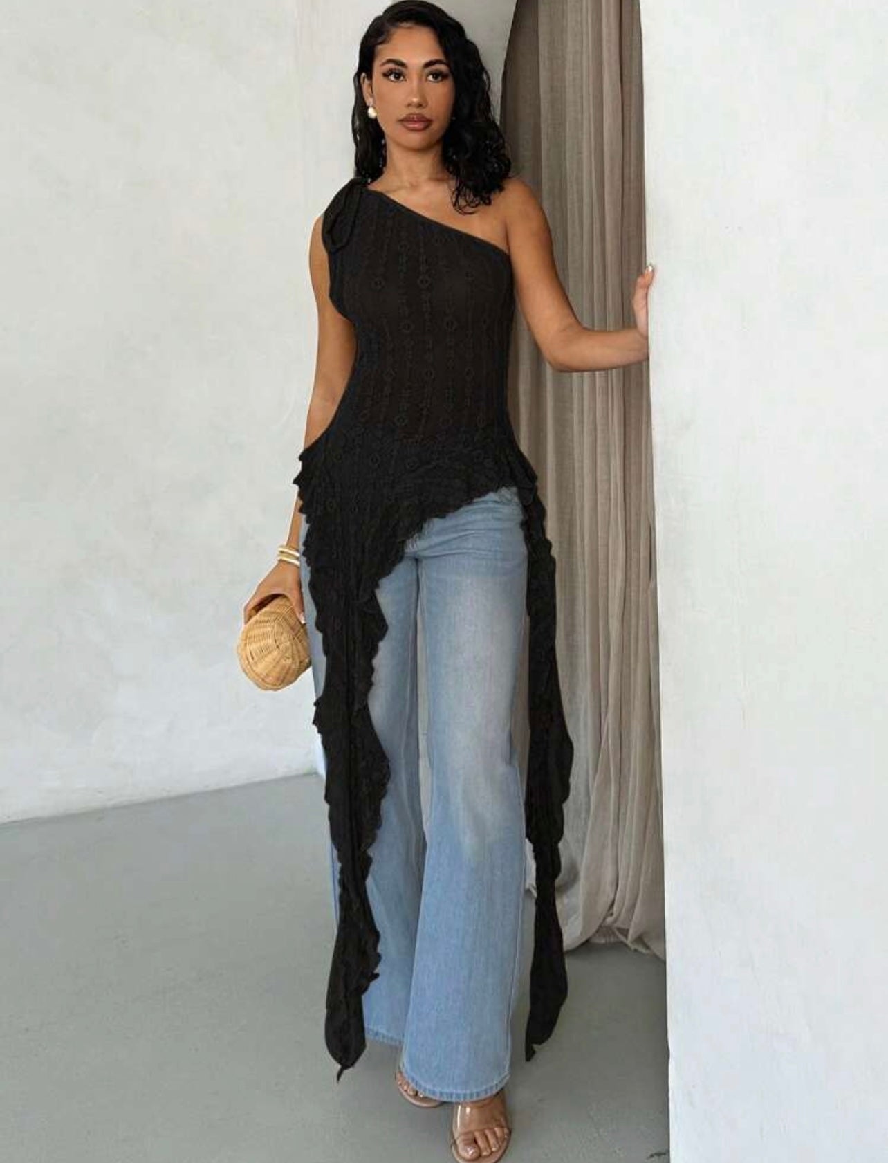 Ruffled Sleeveless See-Through Women Tops One Shoulder