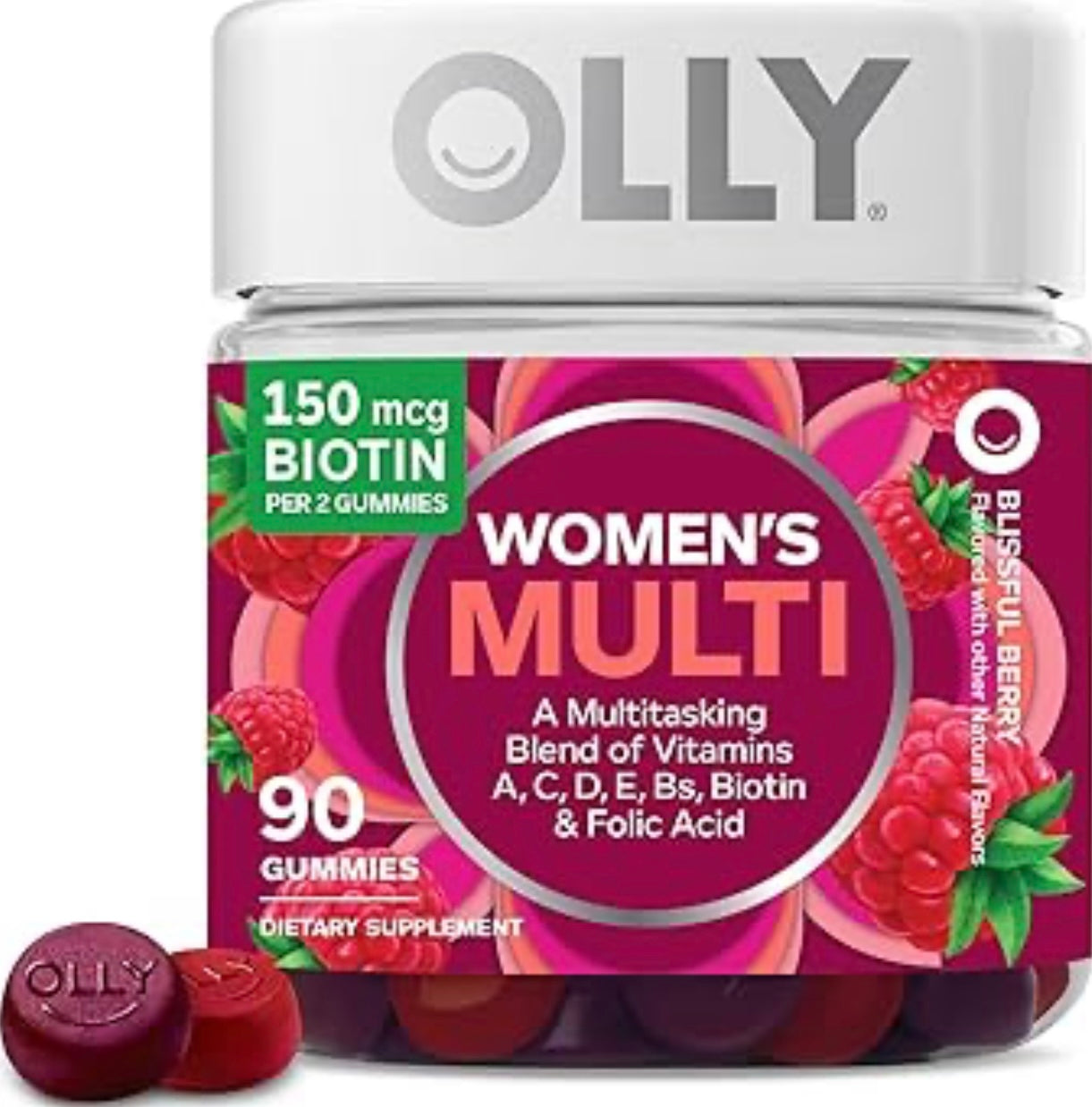 OLLY Women's Multivitamin Gummy, Vitamins A, D, C, E, Biotin, Folic Acid, Adult Chewable Vitamin, Berry Flavor, 45 Day Supply - 90 Count