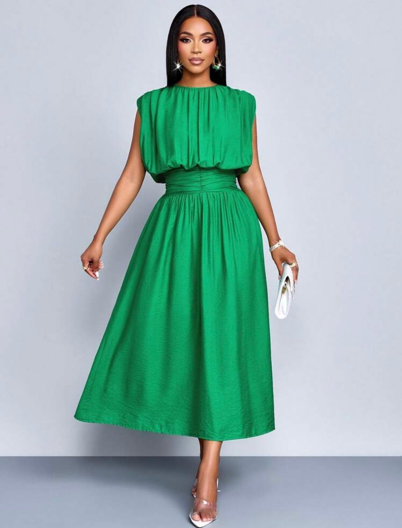 Shein Women's Solid Color Simple Daily Wear Ruched Sleeveless Midi Dress