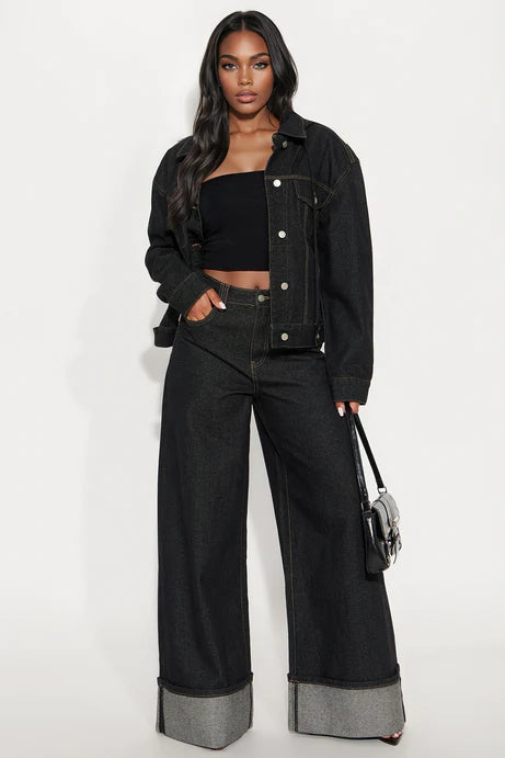 Cuffed Wide Leg Jeans - Dark Denim