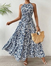 Shein Breezaya Plant Printed Halterneck Dress Maxi Vacation Beach Outfits Women