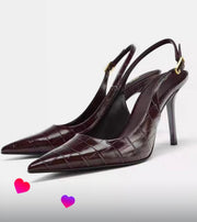 Zara Burgundy Croc-Effect High Heel Slingback Shoes