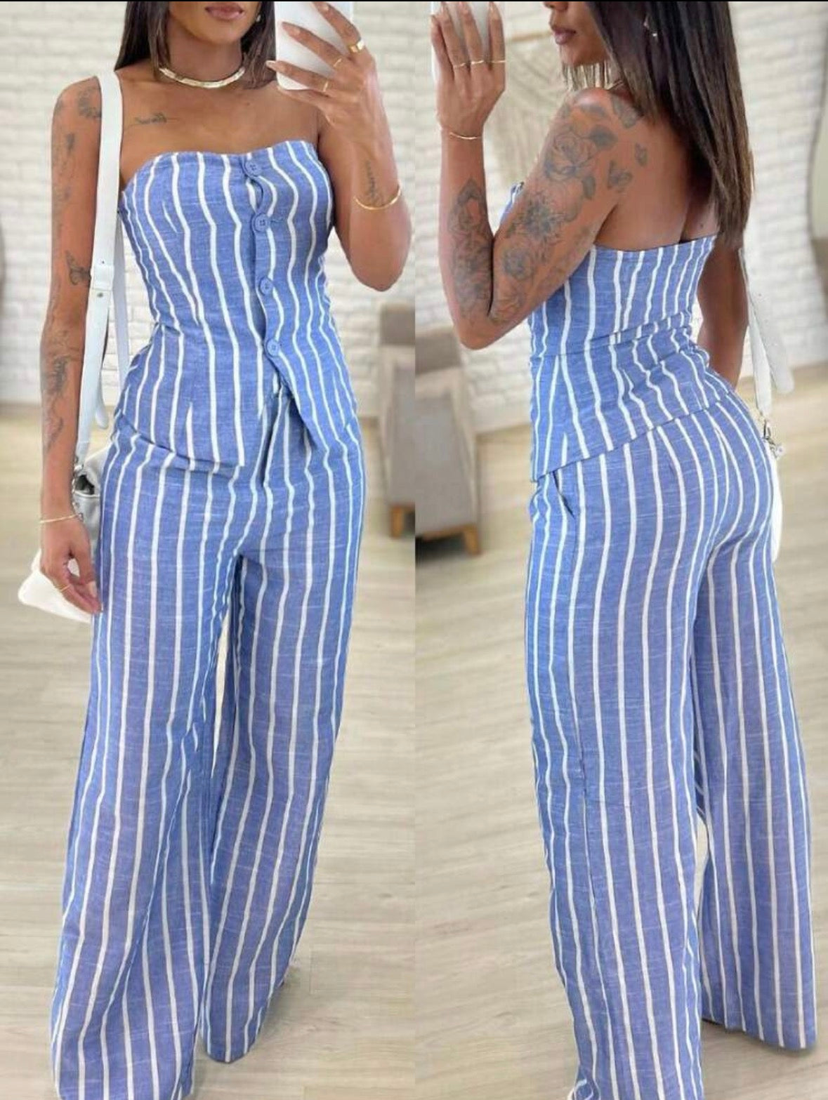 SHEIN Essnce Women's Minimalist Tube Top With Button And Striped Outfit With Long Pants Set