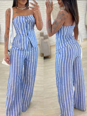 SHEIN Essnce Women's Minimalist Tube Top With Button And Striped Outfit With Long Pants Set
