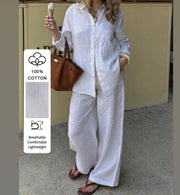 PoPoHouse Women's 2-Piece Set - Solid Color Cotton Casual Elegant Long Sleeve Collared Shirt And Loose Wide-Leg Pants Set