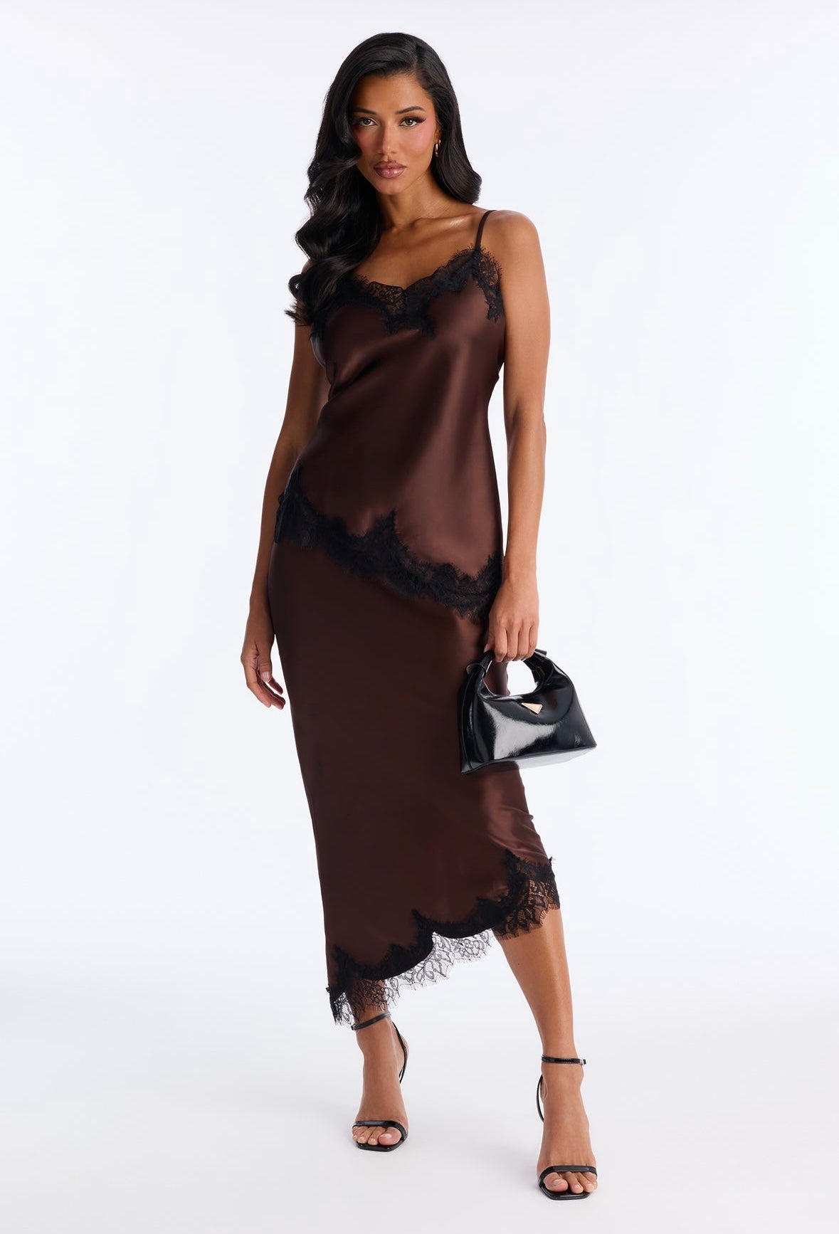 Fashionova feel the allure satin lace midi skirt set